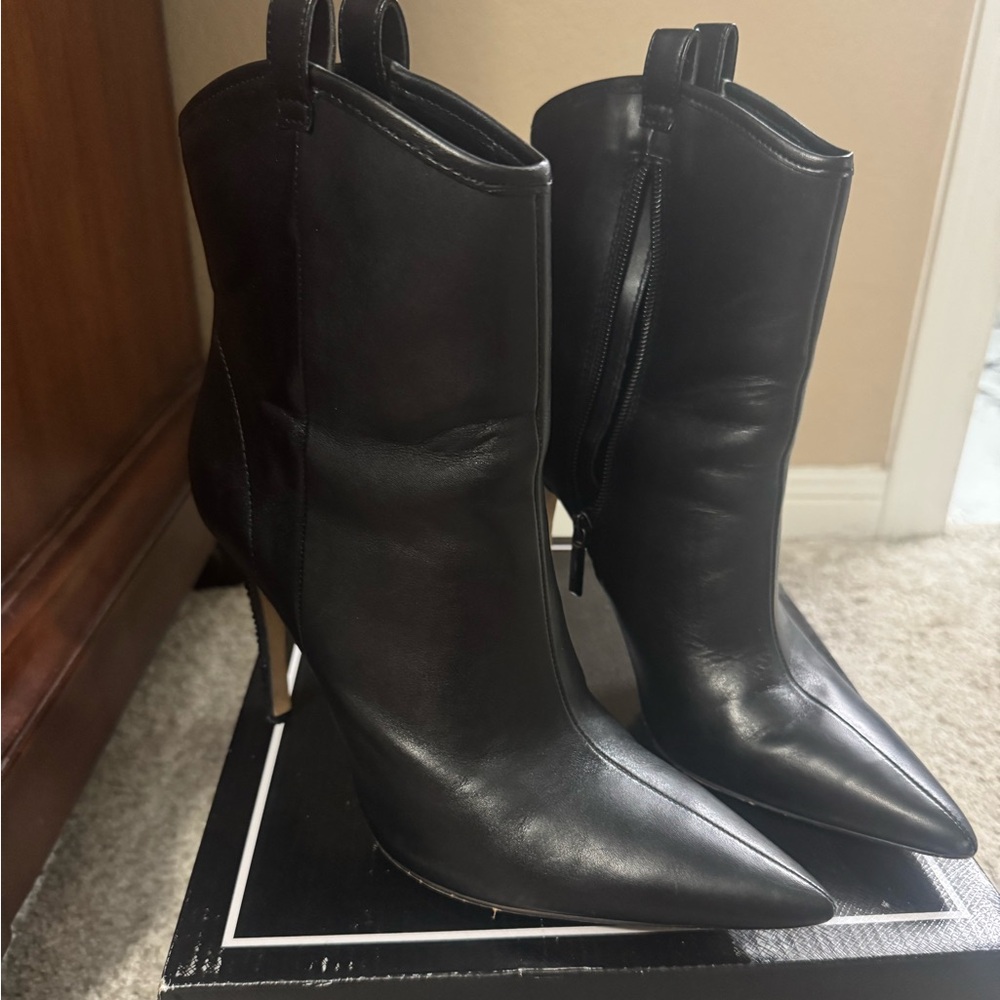 Karl Lagerfeld Paris Clea Leather Embellished  Jeweled Heel Ankle Boots 7.5